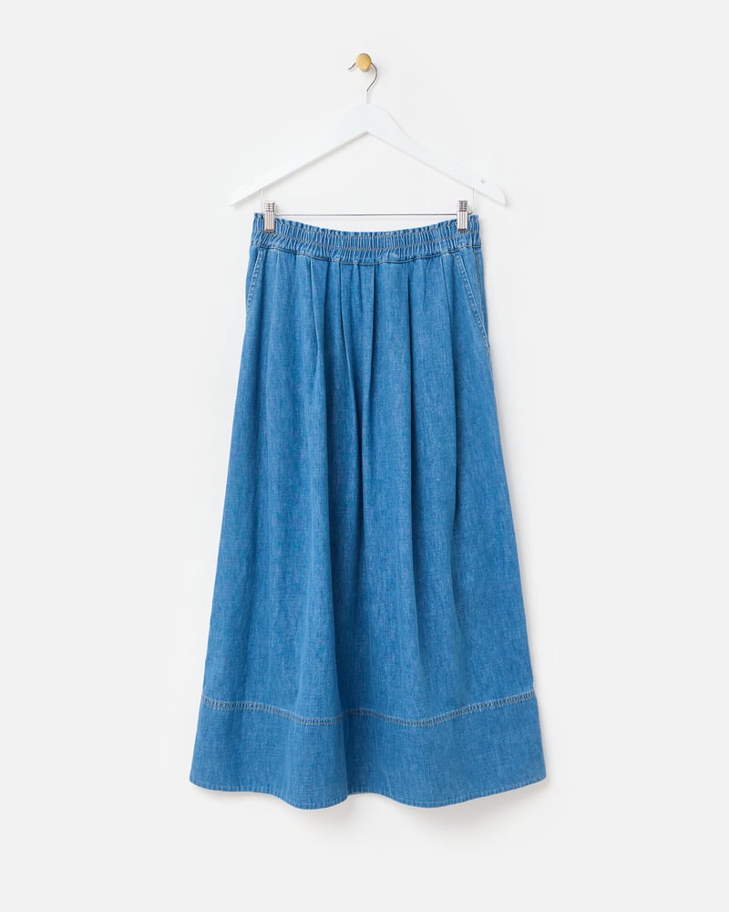 Blue Elasticated Waist Midi Denim Skirt