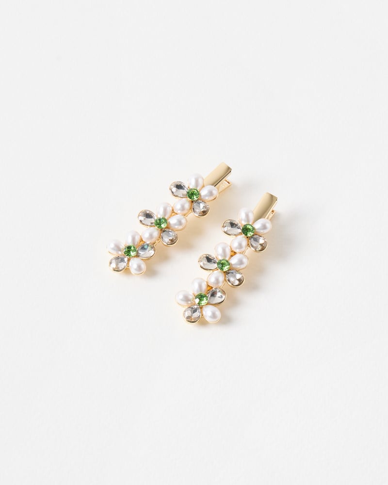Eve Faux Pearl & Stone Flower Hair Clips Set of Two