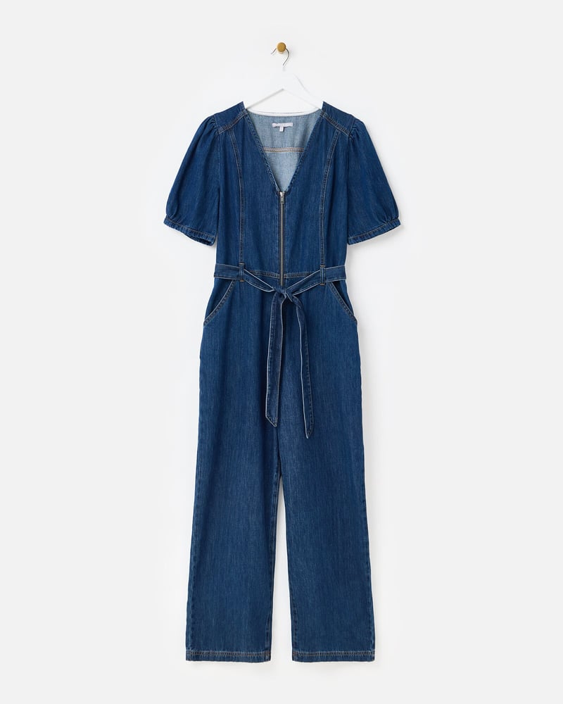 Dark Blue Denim Zip Up V-Neck Jumpsuit