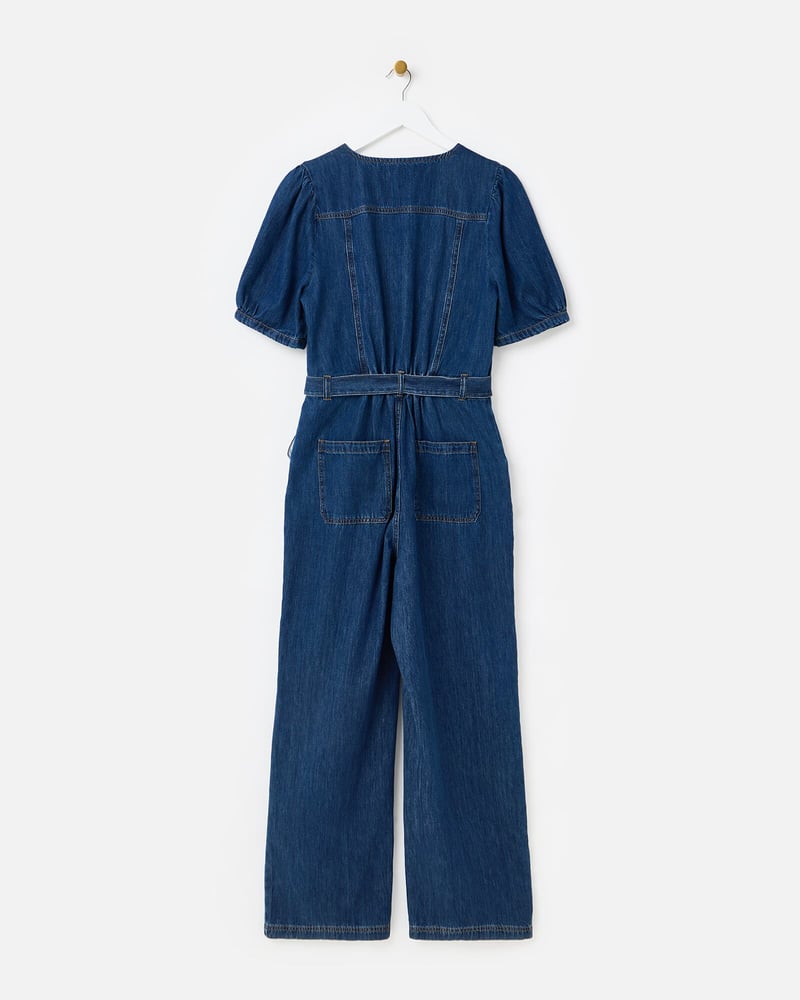 Dark Blue Denim Zip Up V-Neck Jumpsuit