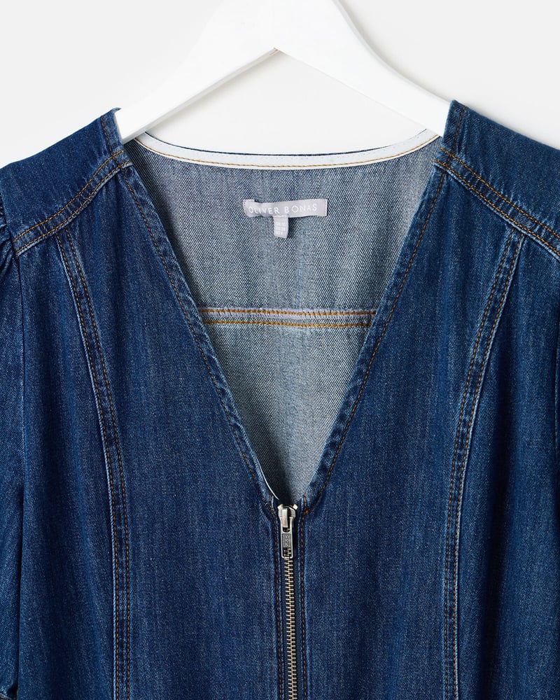 Dark Blue Denim Zip Up V-Neck Jumpsuit