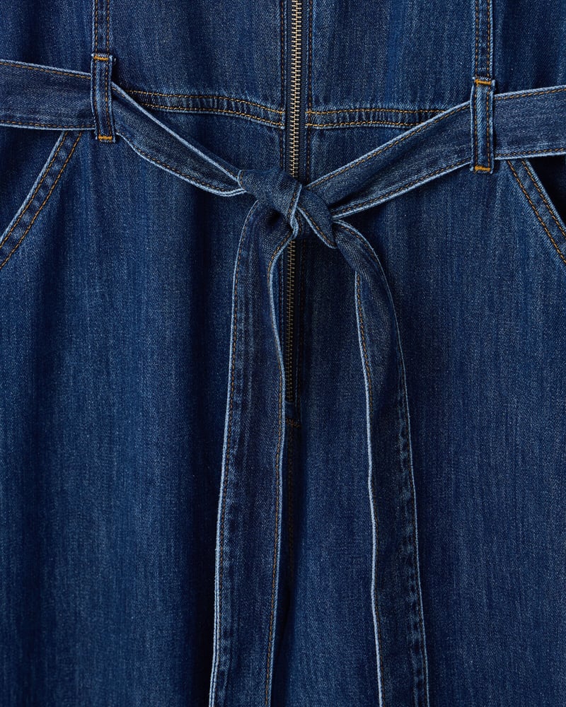 Dark Blue Denim Zip Up V-Neck Jumpsuit