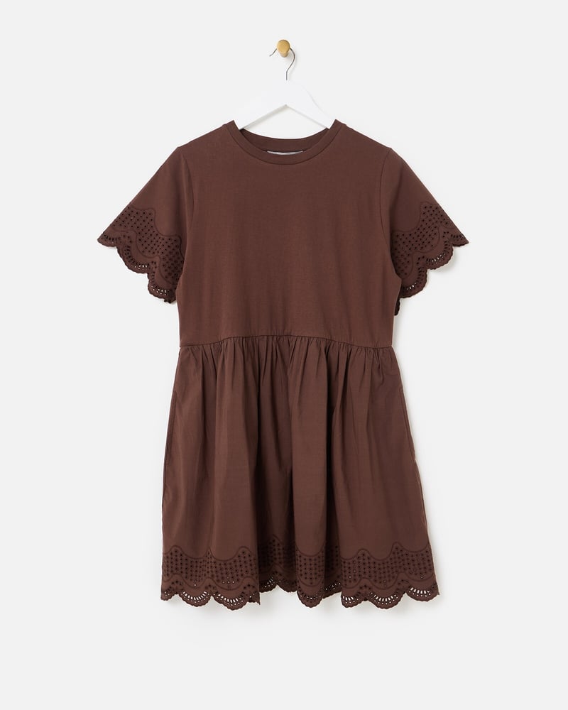 Brown Scalloped Broderie Mini T-Shirt Dress