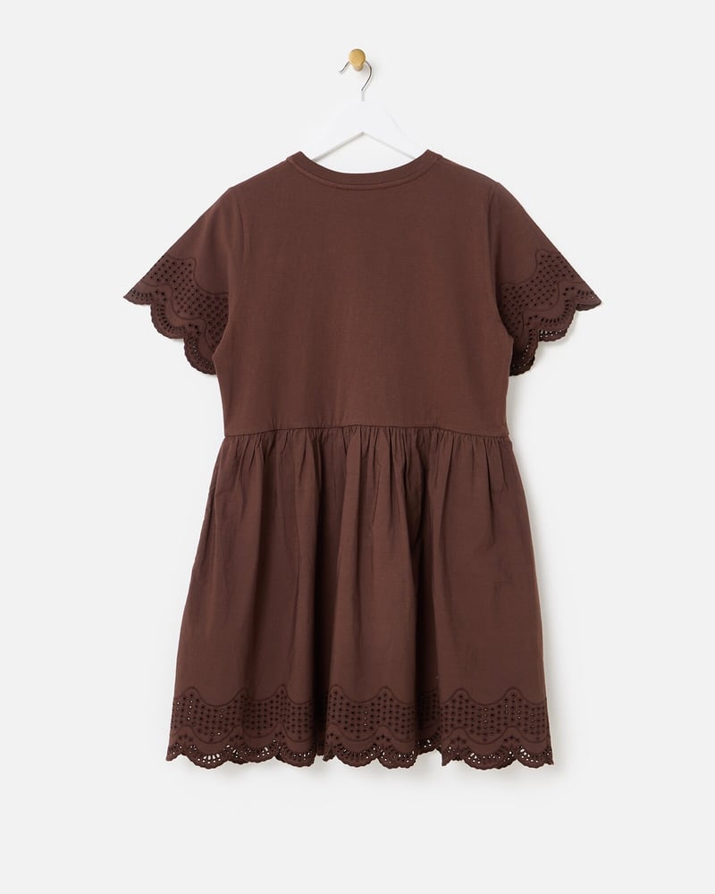 Brown Scalloped Broderie Mini T-Shirt Dress