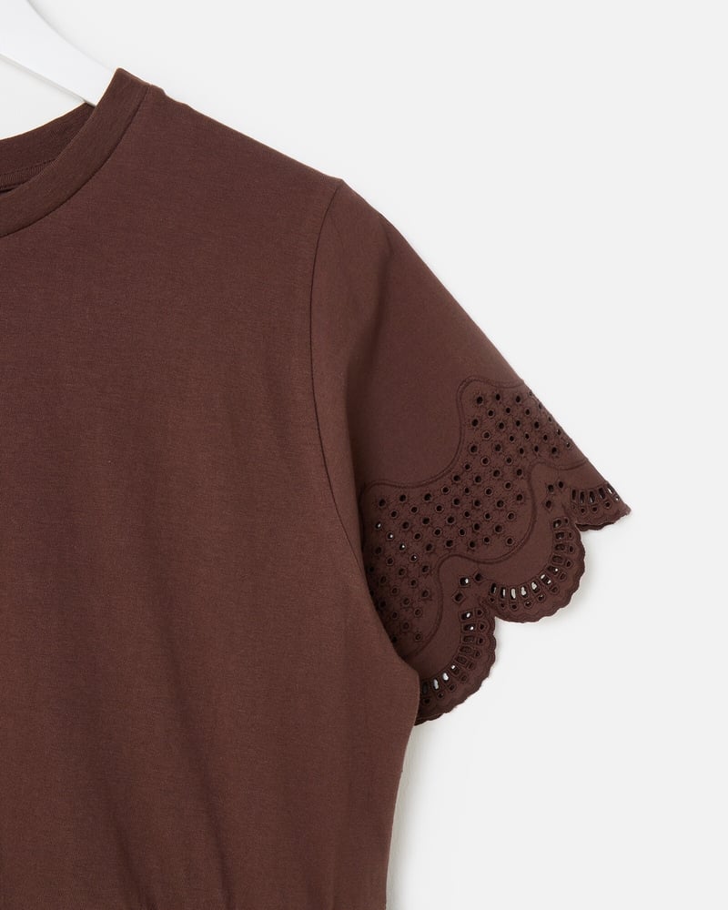 Brown Scalloped Broderie Mini T-Shirt Dress