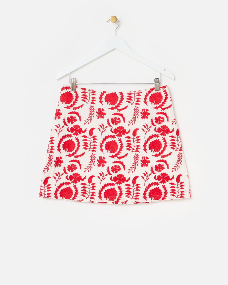 White & Red Floral Embroidered Mini Skirt