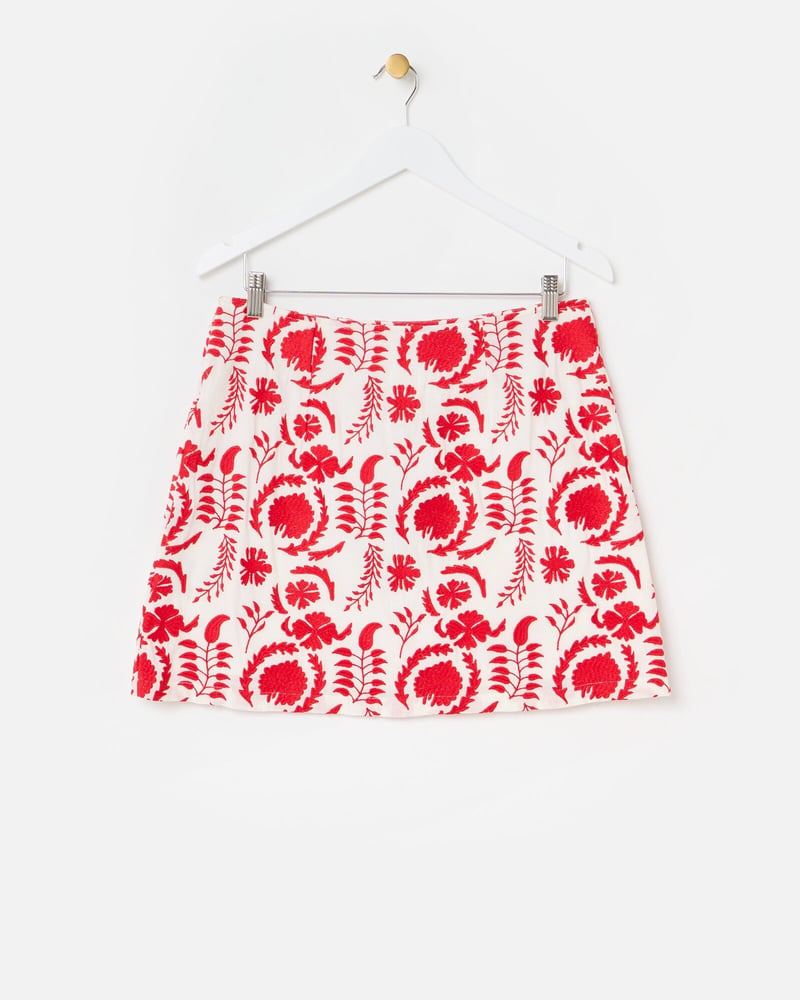 White & Red Floral Embroidered Mini Skirt
