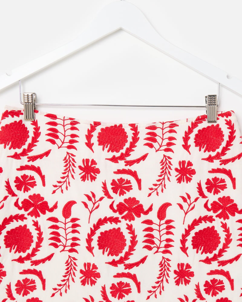 White & Red Floral Embroidered Mini Skirt