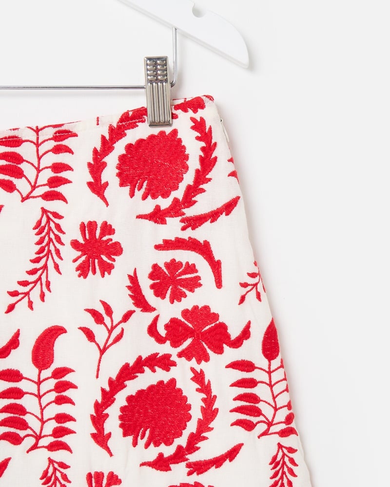 White & Red Floral Embroidered Mini Skirt