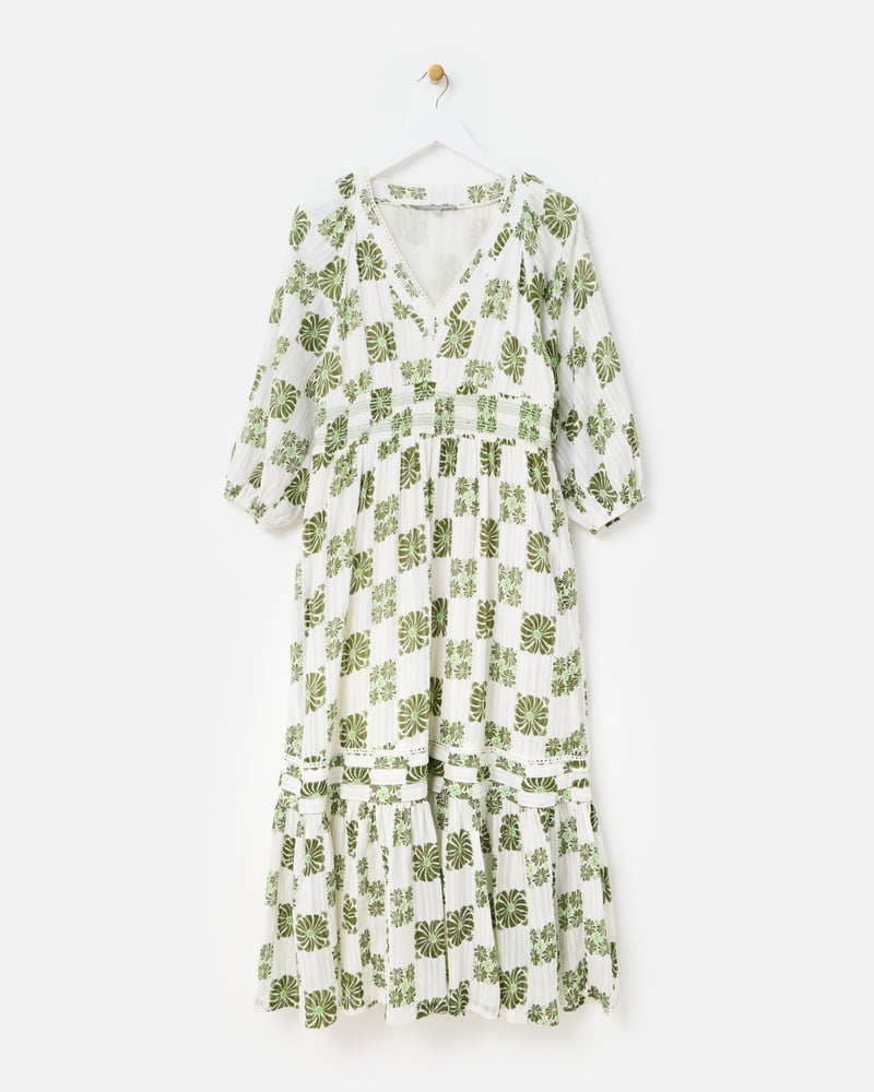 White & Green Floral Tile Print V-Neck Tiered Midi Dress