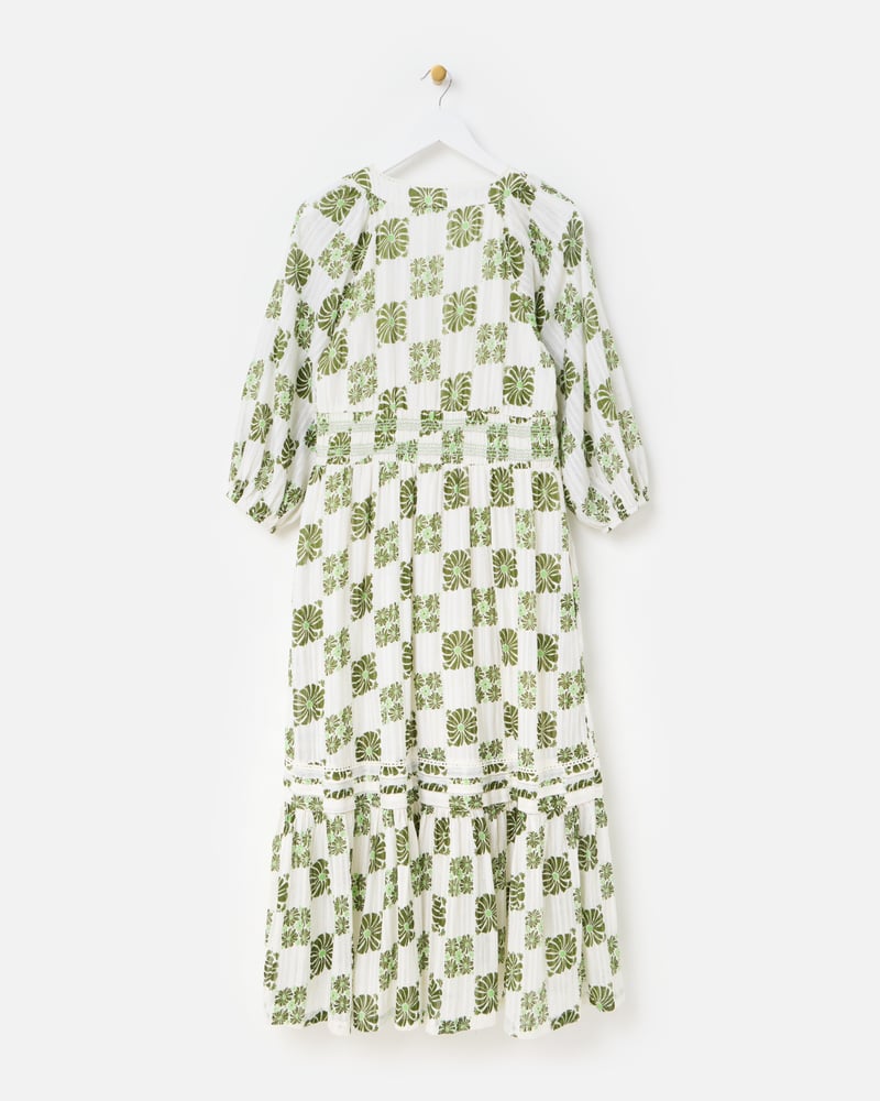 White & Green Floral Tile Print V-Neck Tiered Midi Dress
