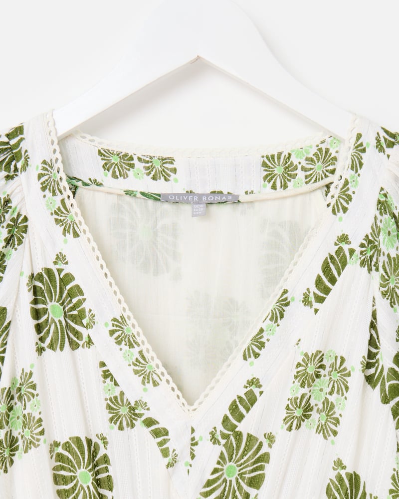 White & Green Floral Tile Print V-Neck Tiered Midi Dress
