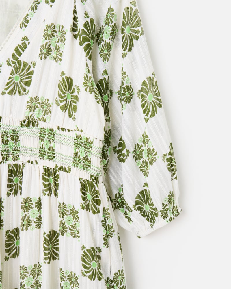 White & Green Floral Tile Print V-Neck Tiered Midi Dress
