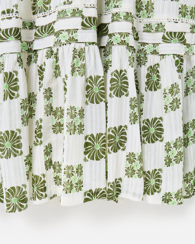 White & Green Floral Tile Print V-Neck Tiered Midi Dress