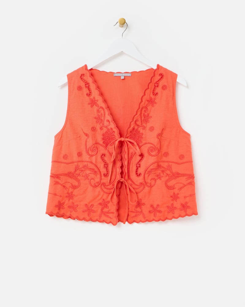 Orange Embroidered Scalloped Tie Front Waistcoat
