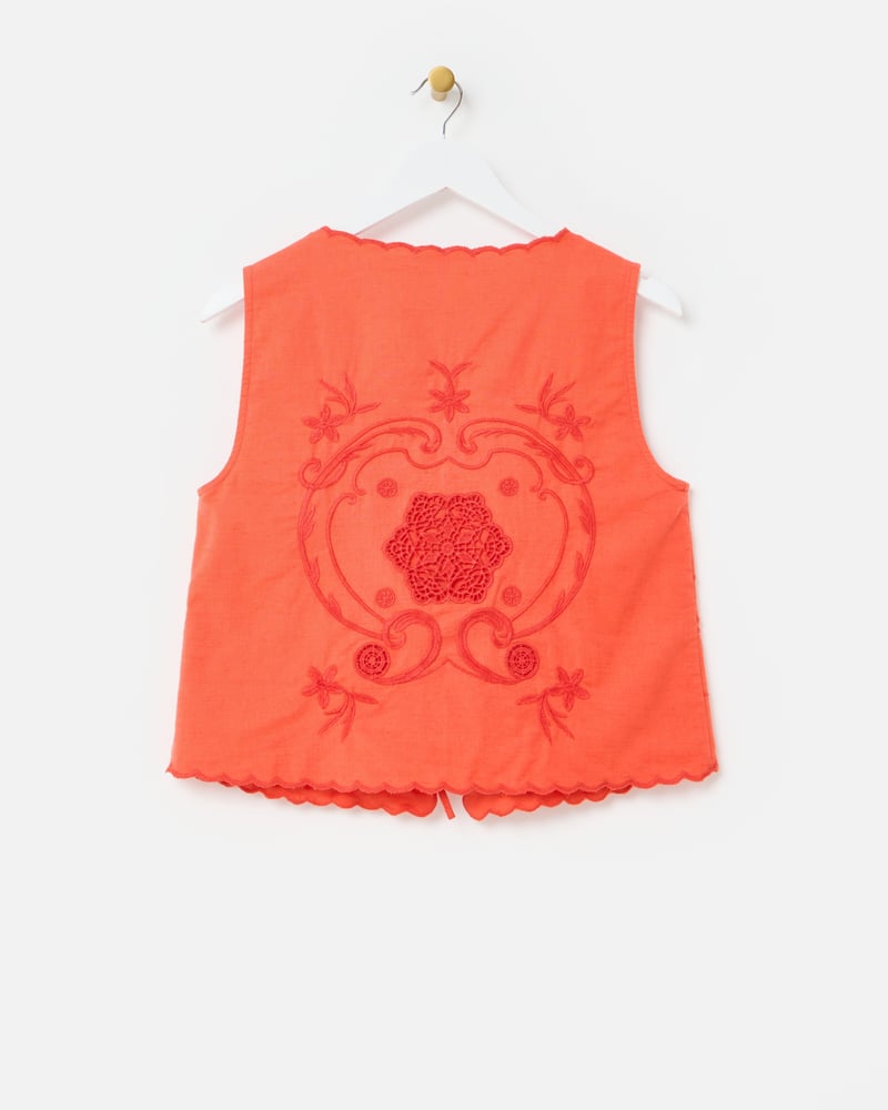 Orange Embroidered Scalloped Tie Front Waistcoat