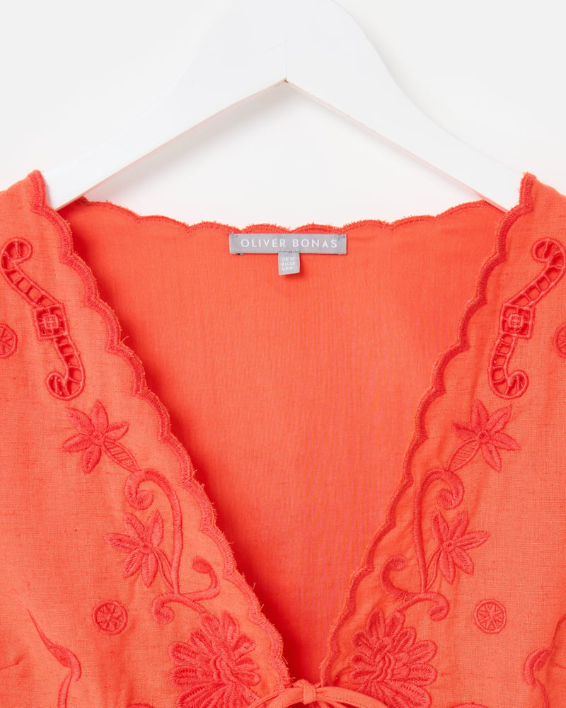 Orange Embroidered Scalloped Tie Front Waistcoat