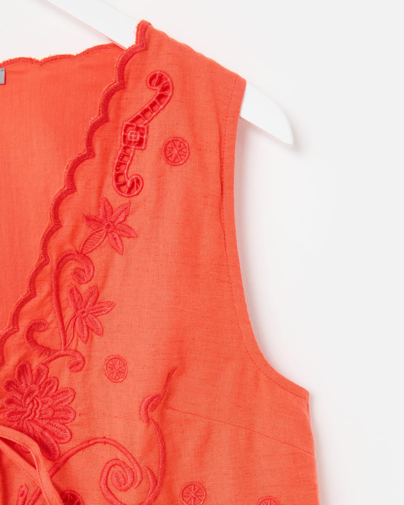 Orange Embroidered Scalloped Tie Front Waistcoat