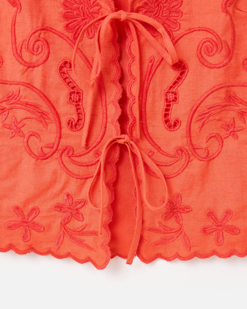Orange Embroidered Scalloped Tie Front Waistcoat