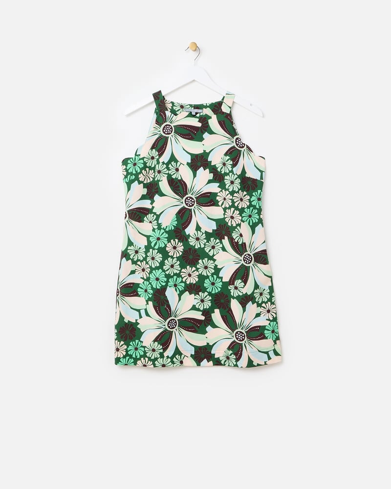 Green & Brown Floral Scalloped Mini Shift Dress