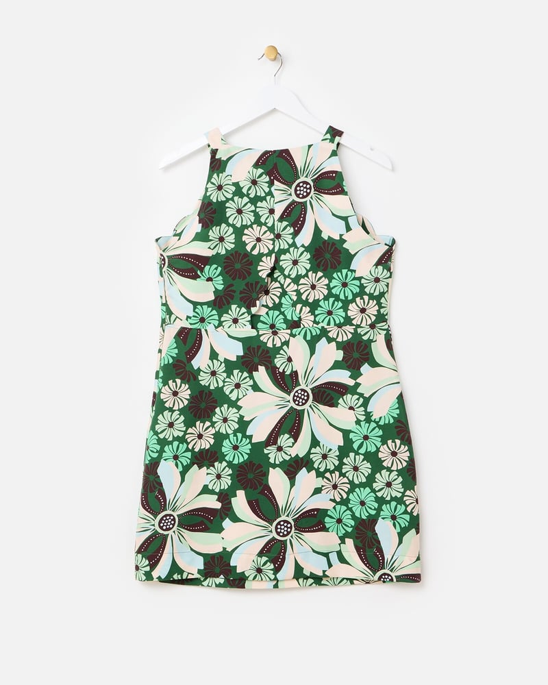 Green & Brown Floral Scalloped Mini Shift Dress