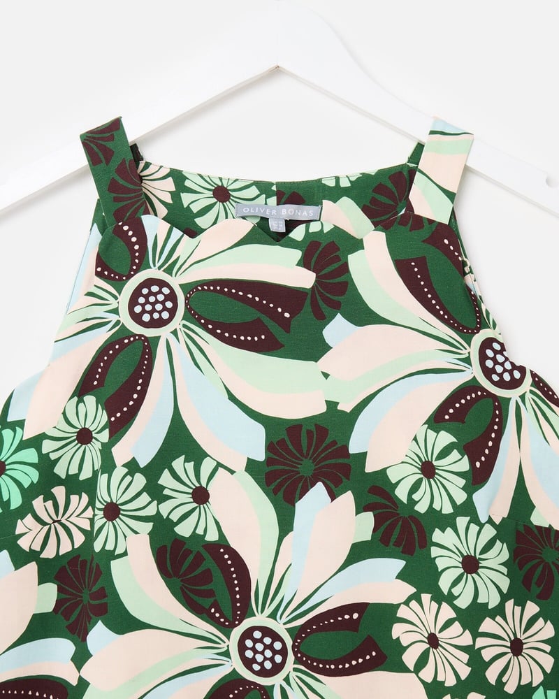Green & Brown Floral Scalloped Mini Shift Dress