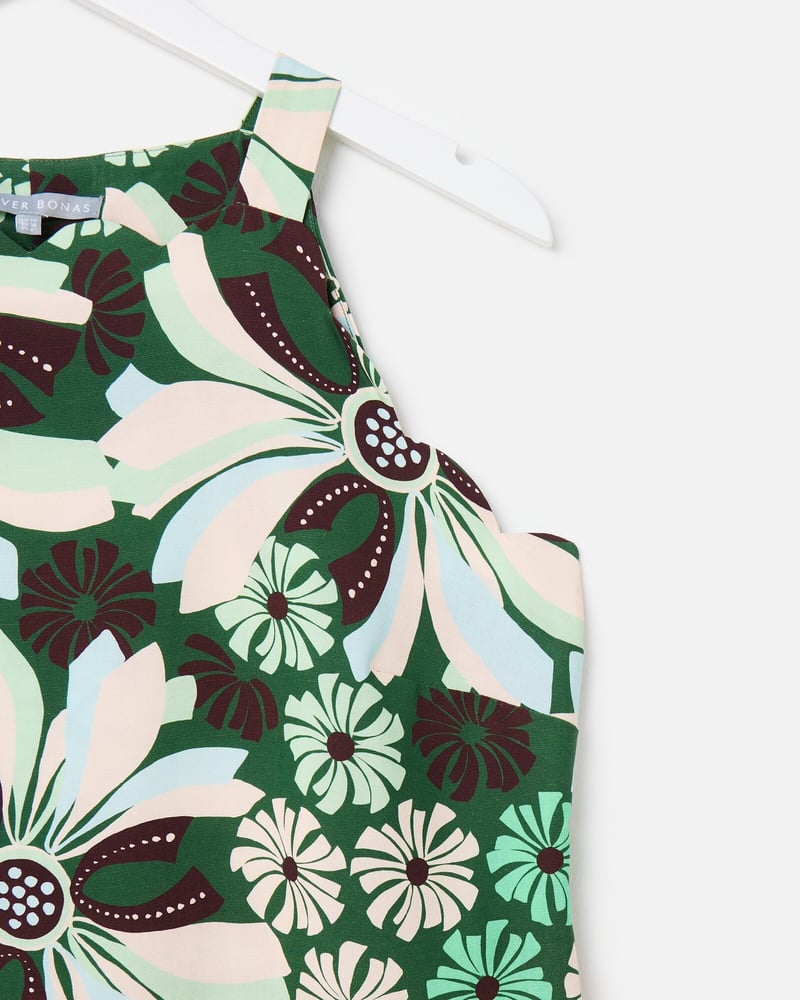 Green & Brown Floral Scalloped Mini Shift Dress