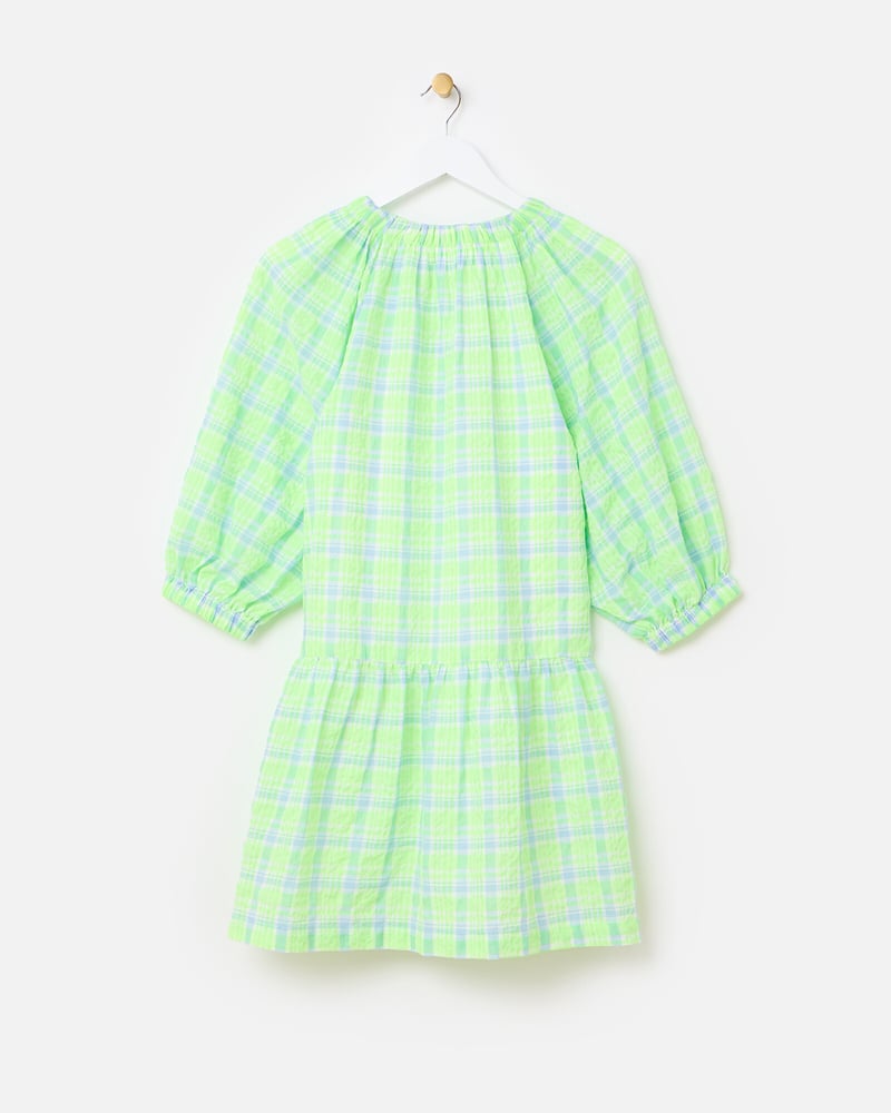 Neon Green & Blue Checked Tiered Mini Dress