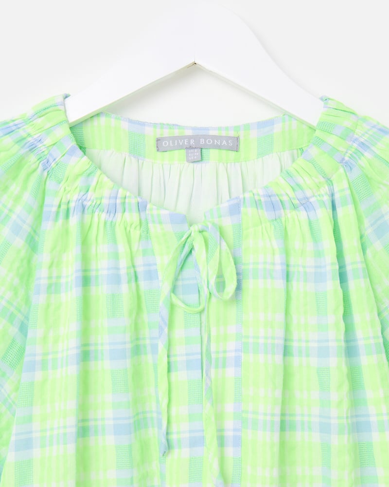Neon Green & Blue Checked Tiered Mini Dress