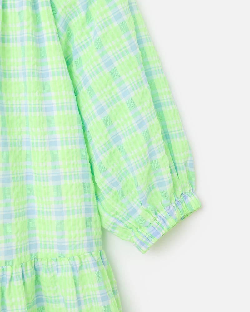 Neon Green & Blue Checked Tiered Mini Dress