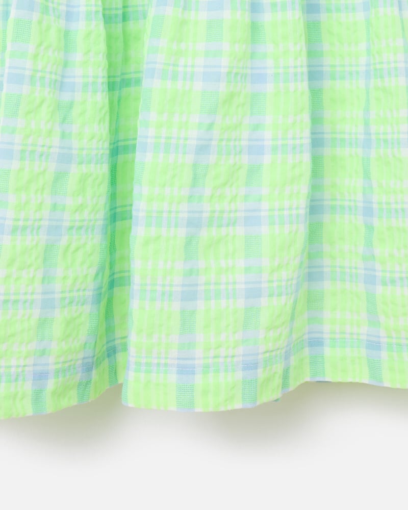 Neon Green & Blue Checked Tiered Mini Dress
