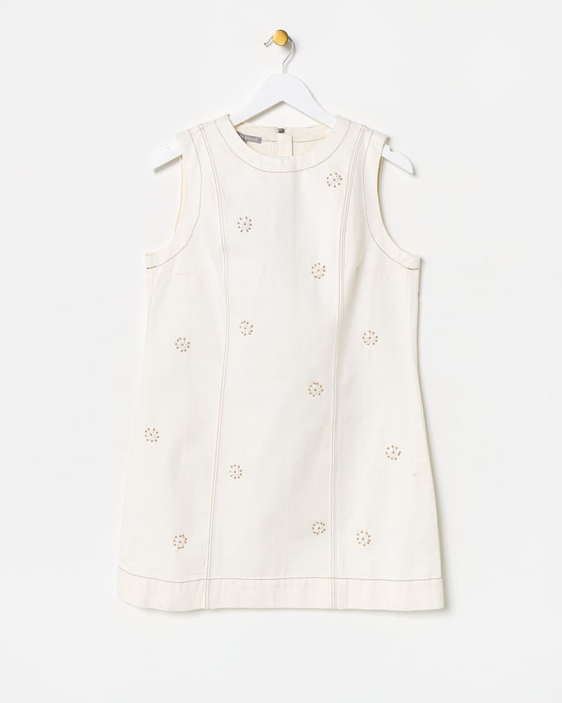 Ecru Cream Beaded Flower Denim Mini Dress