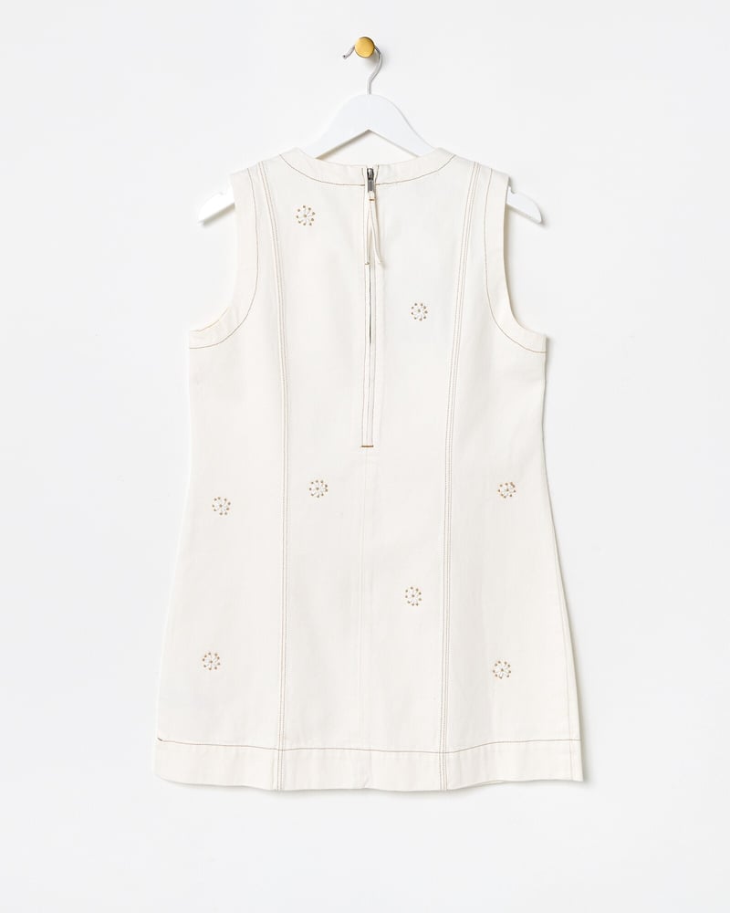 Ecru Cream Beaded Flower Denim Mini Dress