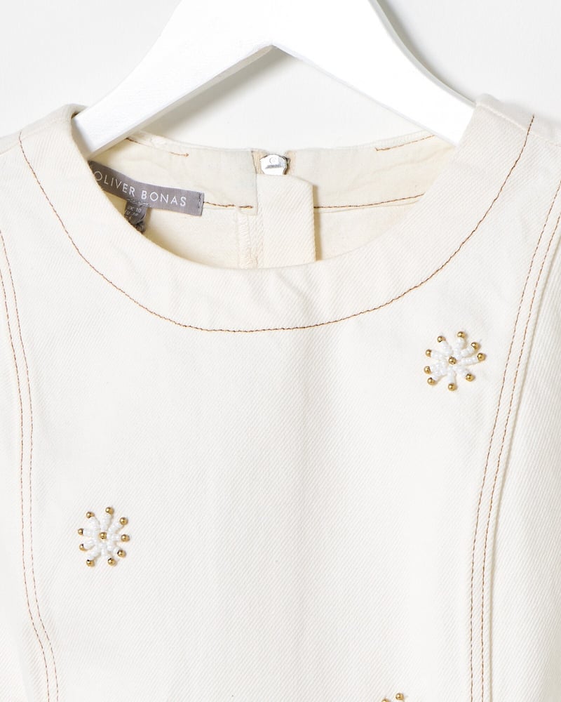 Ecru Cream Beaded Flower Denim Mini Dress