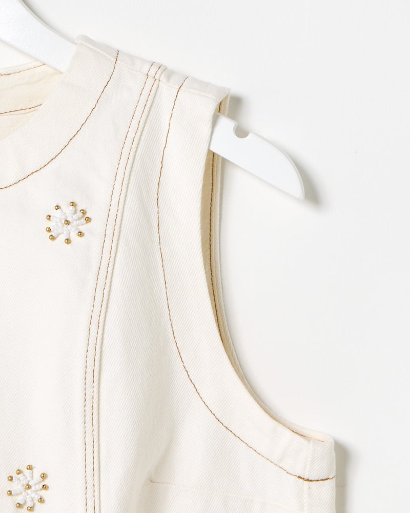 Ecru Cream Beaded Flower Denim Mini Dress