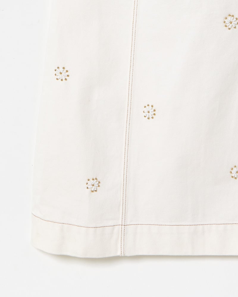 Ecru Cream Beaded Flower Denim Mini Dress