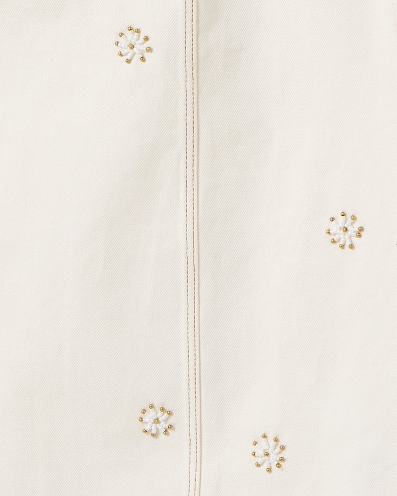 Ecru Cream Beaded Flower Denim Mini Dress