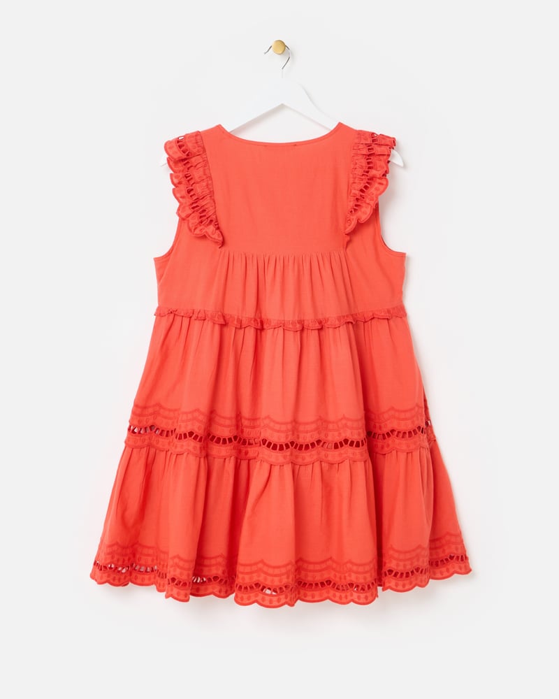 Coral Orange Ladder Trim Tiered Cotton Mini Dress