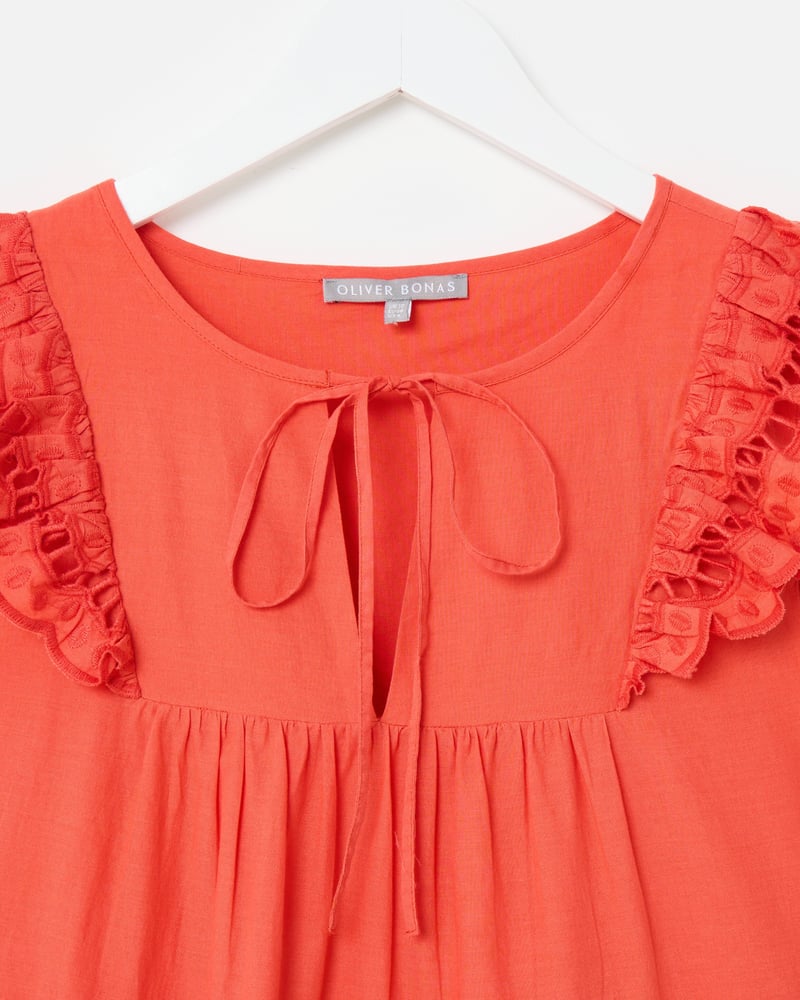 Coral Orange Ladder Trim Tiered Cotton Mini Dress