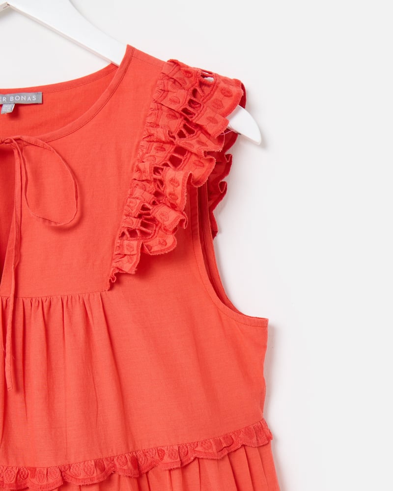 Coral Orange Ladder Trim Tiered Cotton Mini Dress