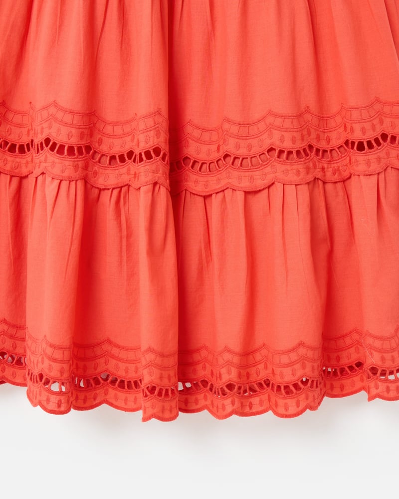 Coral Orange Ladder Trim Tiered Cotton Mini Dress