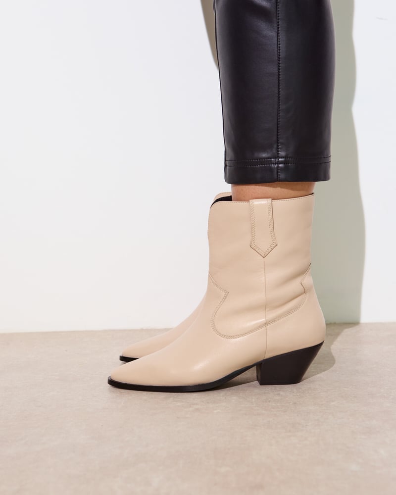 Ecru Cream Leather Western Ankle Boots