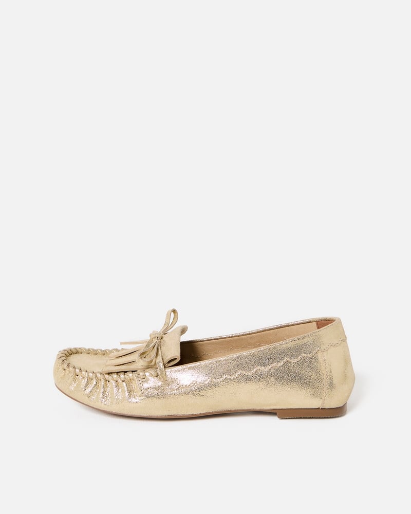 Gold Metallic Moccasin Leather Loafers