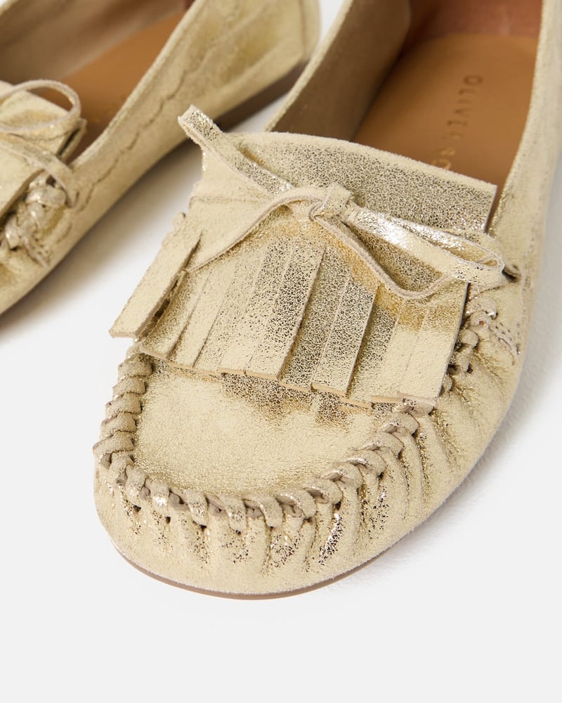 Gold Metallic Moccasin Leather Loafers