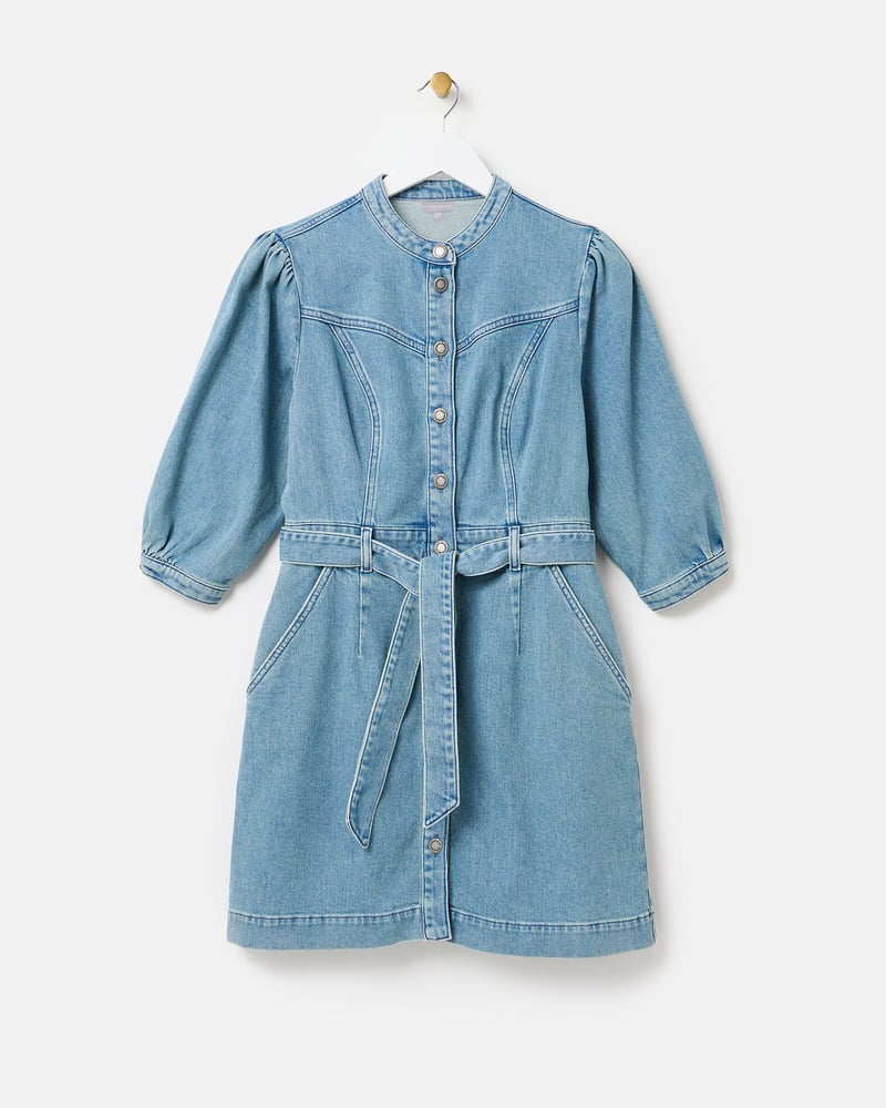Light Blue Denim Tie Waist Mini Dress