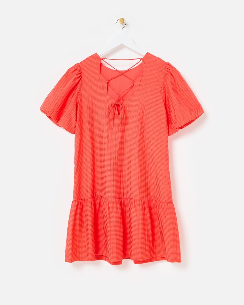 Coral Orange Textured Puff Sleeve Mini Dress