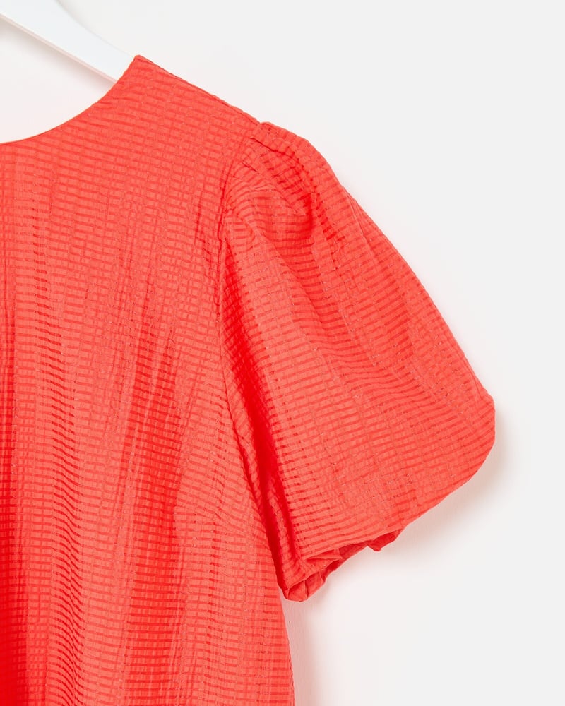 Coral Orange Textured Puff Sleeve Mini Dress