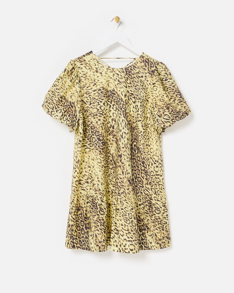 Yellow Animal Print Textured Puff Sleeve Mini Dress