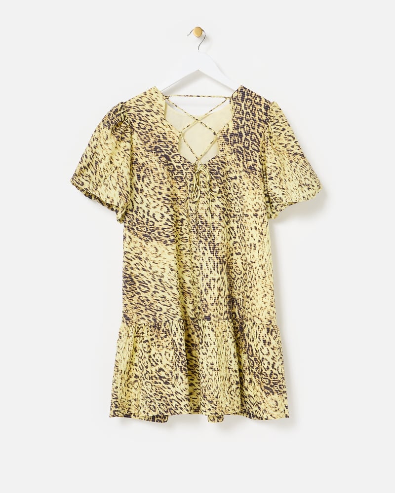 Yellow Animal Print Textured Puff Sleeve Mini Dress
