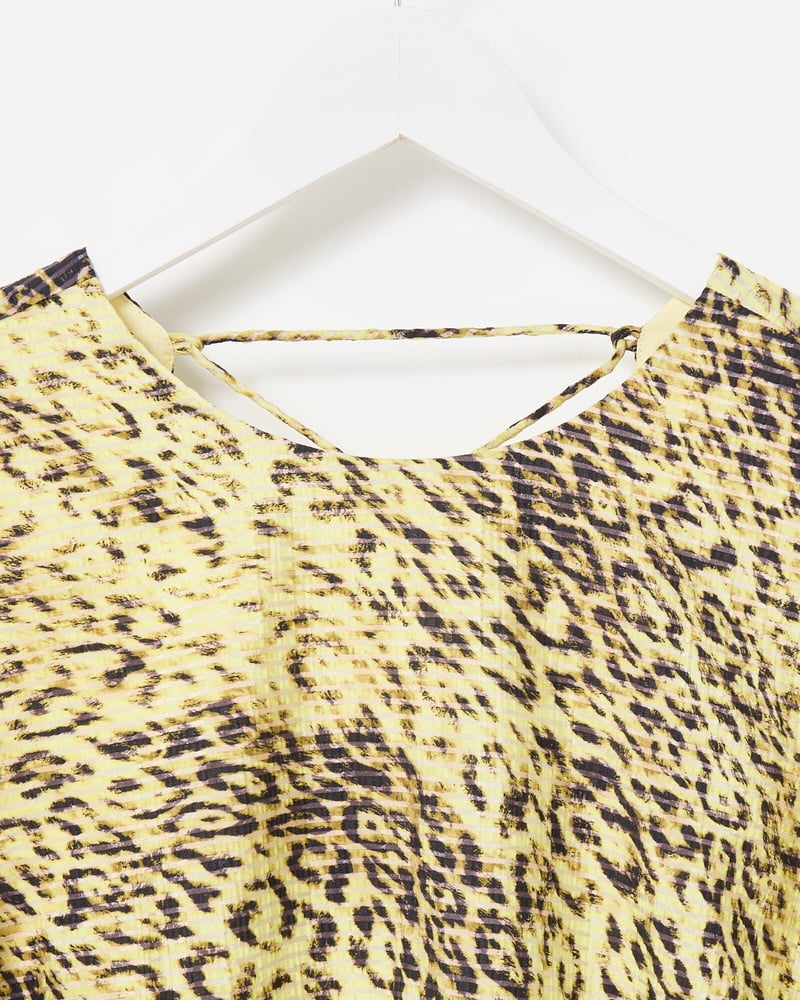 Yellow Animal Print Textured Puff Sleeve Mini Dress
